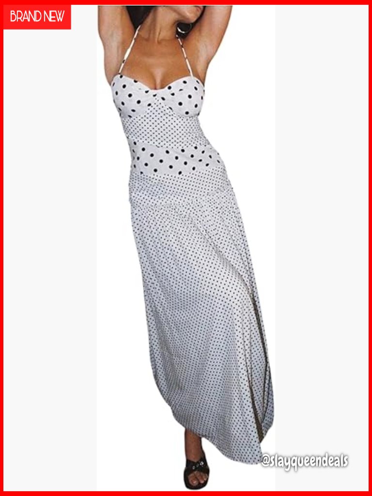 Polka Dot Halter Maxi Dress Backless Tie Casual Summer Long